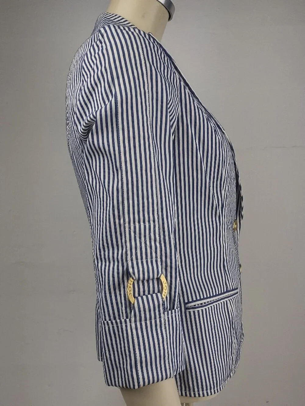 St. John blue white striped tabbed sleeve button front blazer jacket womens 4 - Picture 4 of 10